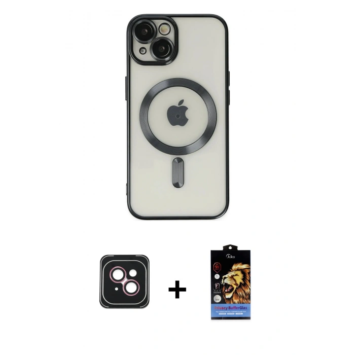 MARSİLYAN™- iPhone 14 Kılıf Nova Işık Özel Seri - Siyah Buffer Hayalet Cam Ekran Koruyucu + PVD Metal Kamera Lens - PE