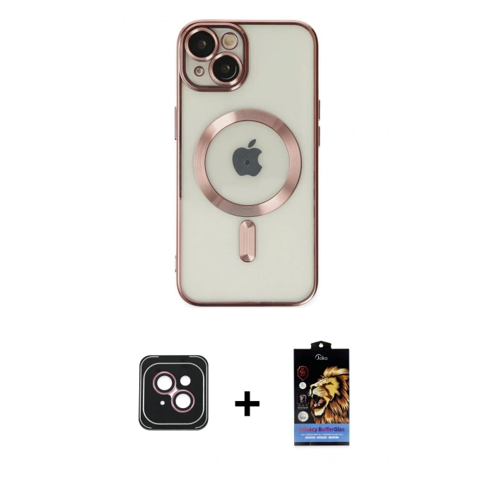 MARSİLYAN™- iPhone 14 Kılıf Nova Işık Özel Seri - Siyah Buffer Hayalet Cam Ekran Koruyucu + PVD Metal Kamera Lens - PE