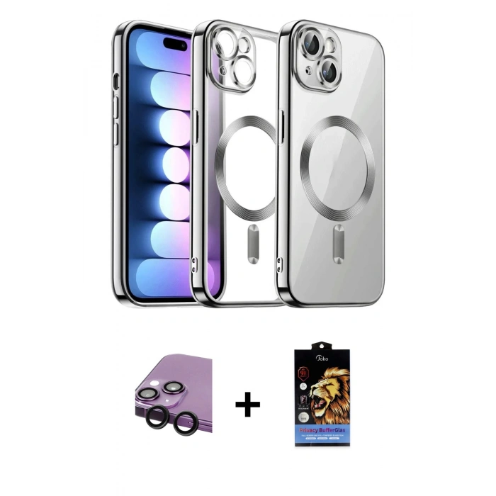 MARSİLYAN™- iPhone 14 Kılıf Nova Işık Özel Seri - Siyah Buffer Hayalet Cam Ekran Koruyucu + Raze Metal Kamera Lens - SH