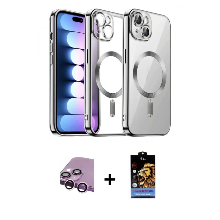 MARSİLYAN™- iPhone 14 Kılıf Nova Işık Özel Seri - Siyah Buffer Hayalet Cam Ekran Koruyucu + Raze Metal Kamera Lens - MR