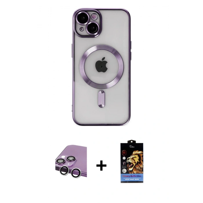 MARSİLYAN™- iPhone 14 Kılıf Nova Işık Özel Seri - Siyah Buffer Hayalet Cam Ekran Koruyucu + Raze Metal Kamera Lens - GS