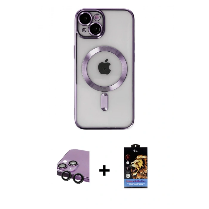 MARSİLYAN™- iPhone 14 Kılıf Nova Işık Özel Seri - Siyah Buffer Hayalet Cam Ekran Koruyucu + Raze Metal Kamera Lens - SH