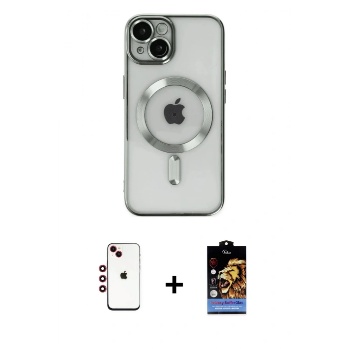 MARSİLYAN™- iPhone 14 Kılıf Nova Işık Özel Seri - Siyah Buffer Hayalet Cam Ekran Koruyucu + Shine Kamera Lens - KI