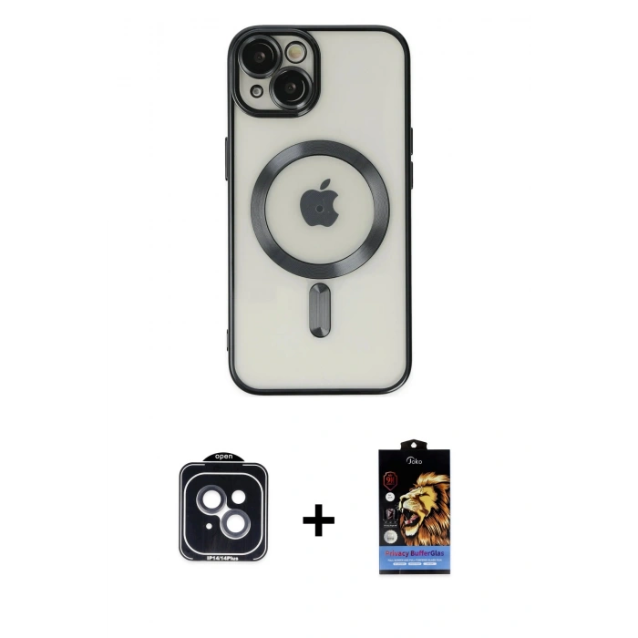 MARSİLYAN™- iPhone 14 Kılıf Nova Işık Özel Seri - Siyah Buffer Hayalet Cam Ekran Koruyucu + PVD Metal Kamera Lens - SH