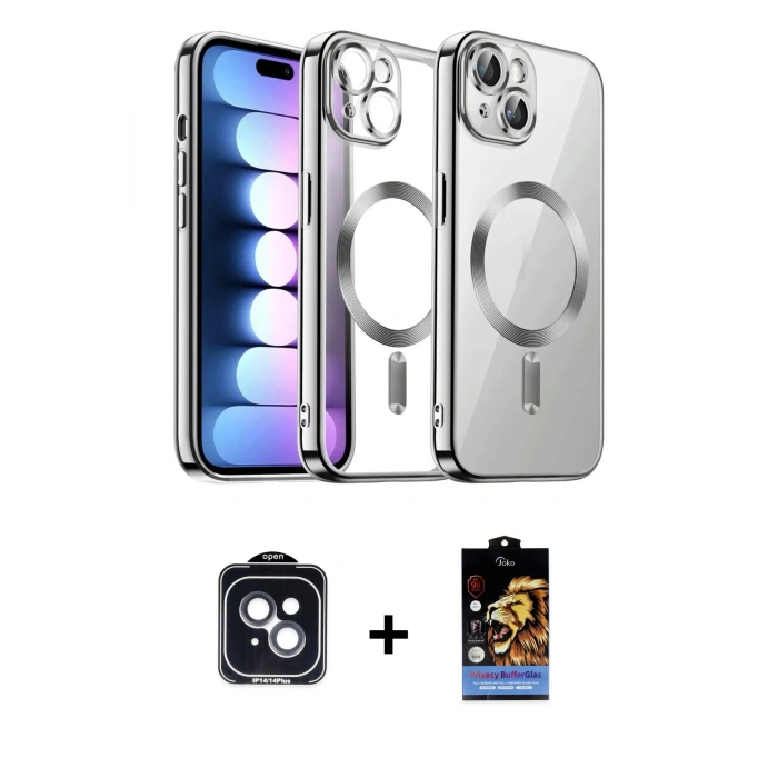 MARSİLYAN™- iPhone 14 Kılıf Nova Işık Özel Seri - Siyah Buffer Hayalet Cam Ekran Koruyucu + PVD Metal Kamera Lens - SH