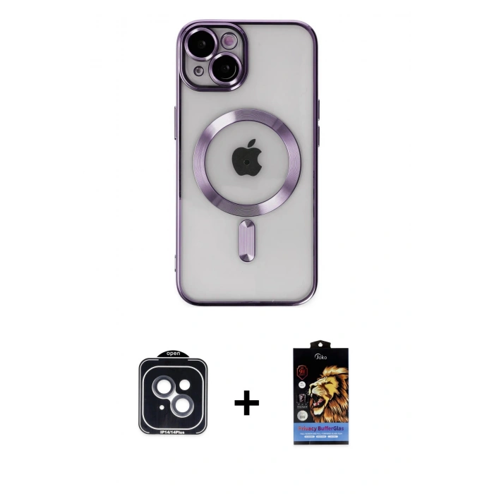 MARSİLYAN™- iPhone 14 Kılıf Nova Işık Özel Seri - Siyah Buffer Hayalet Cam Ekran Koruyucu + PVD Metal Kamera Lens - SH