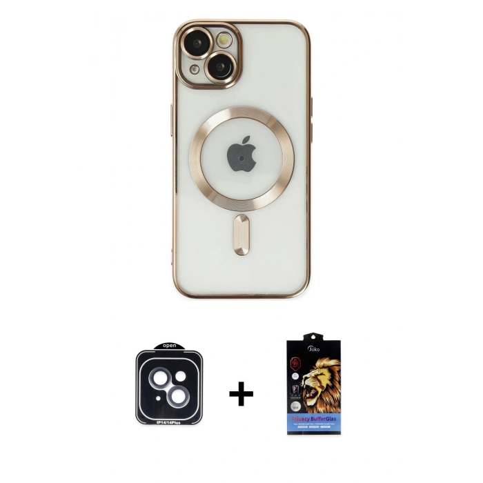 MARSİLYAN™- iPhone 14 Kılıf Nova Işık Özel Seri - Siyah Buffer Hayalet Cam Ekran Koruyucu + PVD Metal Kamera Lens - SH