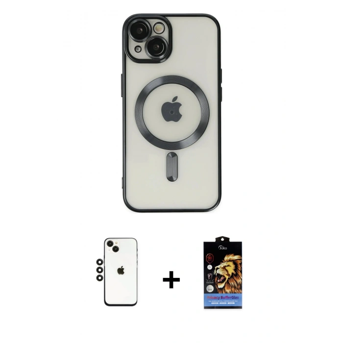 MARSİLYAN™- iPhone 14 Kılıf Nova Işık Özel Seri - Siyah Buffer Hayalet Cam Ekran Koruyucu + Siyah Shine Kamera Lens