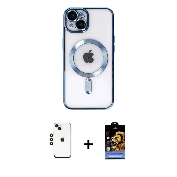 MARSİLYAN™- iPhone 14 Kılıf Nova Işık Özel Seri - Siyah Buffer Hayalet Cam Ekran Koruyucu + Siyah Shine Kamera Lens