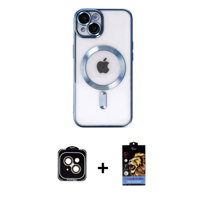 MARSİLYAN™- iPhone 14 Kılıf Nova Işık Özel Seri - Siyah Buffer Hayalet Cam Ekran Koruyucu + PVD Metal Kamera Lens - TU