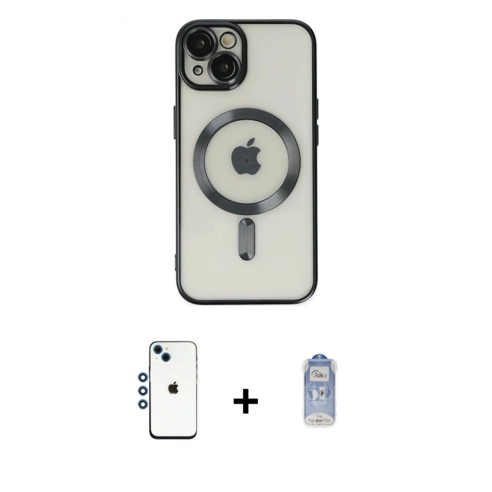 MARSİLYAN™- iPhone 14 Kılıf Nova Işık Özel Seri - Siyah Joko Magic 5D Cam + Mavi Shine Kamera Lens