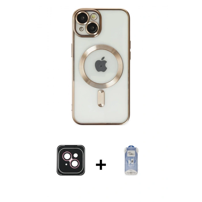 MARSİLYAN™- iPhone 14 Kılıf Nova Işık Özel Seri - Siyah Joko Magic 5D Cam + Pembe PVD Metal Kamera Lens