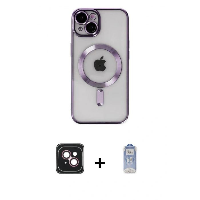 MARSİLYAN™- iPhone 14 Kılıf Nova Işık Özel Seri - Siyah Joko Magic 5D Cam + Pembe PVD Metal Kamera Lens