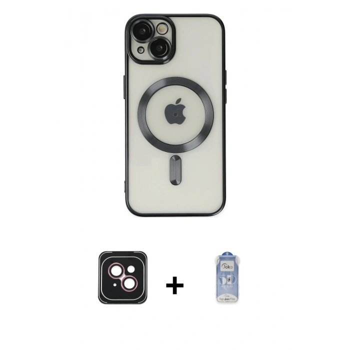 MARSİLYAN™- iPhone 14 Kılıf Nova Işık Özel Seri - Siyah Joko Magic 5D Cam + Pembe PVD Metal Kamera Lens