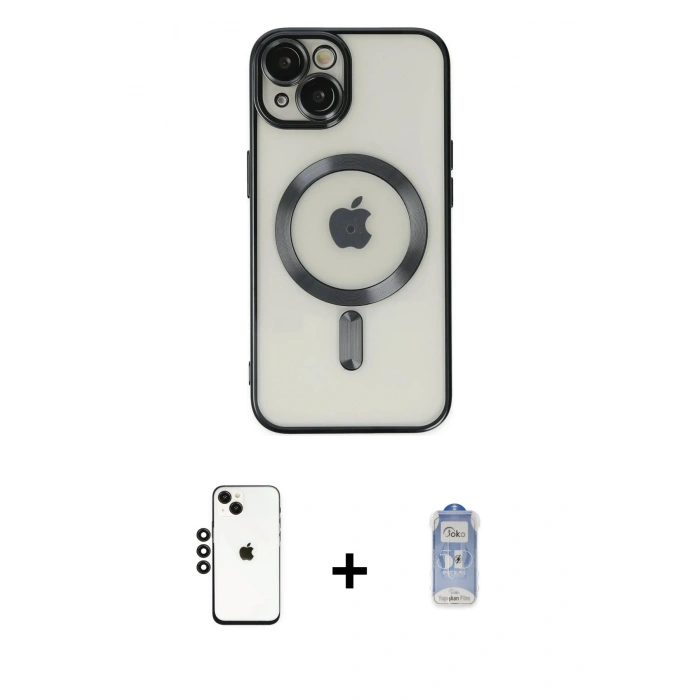 MARSİLYAN™- iPhone 14 Kılıf Nova Işık Özel Seri - Siyah Joko Magic 5D Cam + Shine Kamera Lens - SH