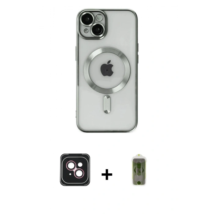 MARSİLYAN™- iPhone 14 Kılıf Nova Işık Özel Seri - Siyah Joko Magic 5D Hayalet Cam + Pembe PVD Metal Kamera Lens