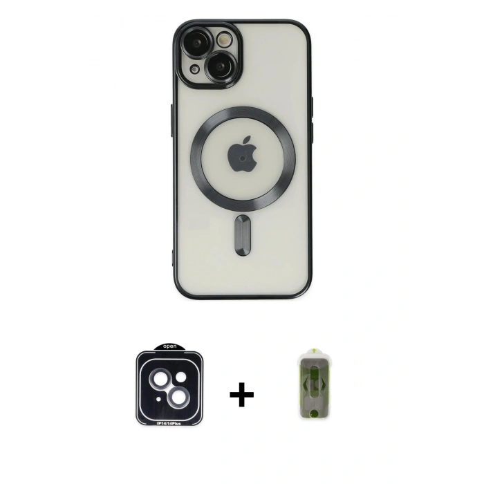 MARSİLYAN™- iPhone 14 Kılıf Nova Işık Özel Seri - Siyah Joko Magic 5D Hayalet Cam + Siyah PVD Metal Kamera Lens