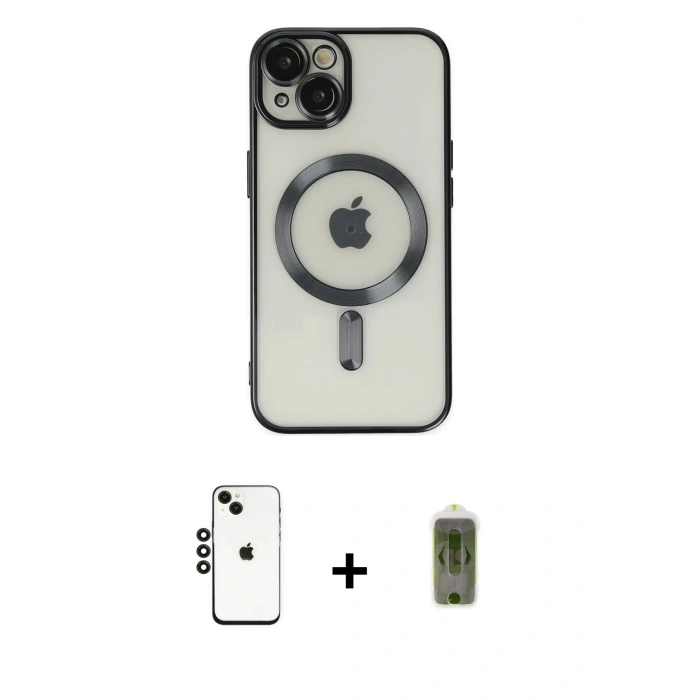 MARSİLYAN™- iPhone 14 Kılıf Nova Işık Özel Seri - Siyah Joko Magic 5D Hayalet Cam + Siyah Shine Kamera Lens