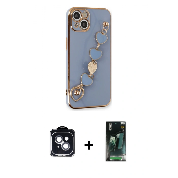 MARSİLYAN™- iPhone 14 Kılıf Nova Işık Prime - Şeffaf 360 Full Body Arka Koruyucu + PVD Metal Kamera Lens - SH