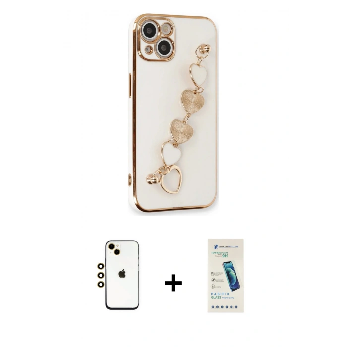 MARSİLYAN™- iPhone 14 Kılıf Nova Işık Prime - Şeffaf Pasifik Cam Ekran Koruyucu + Gold Shine Kamera Lens