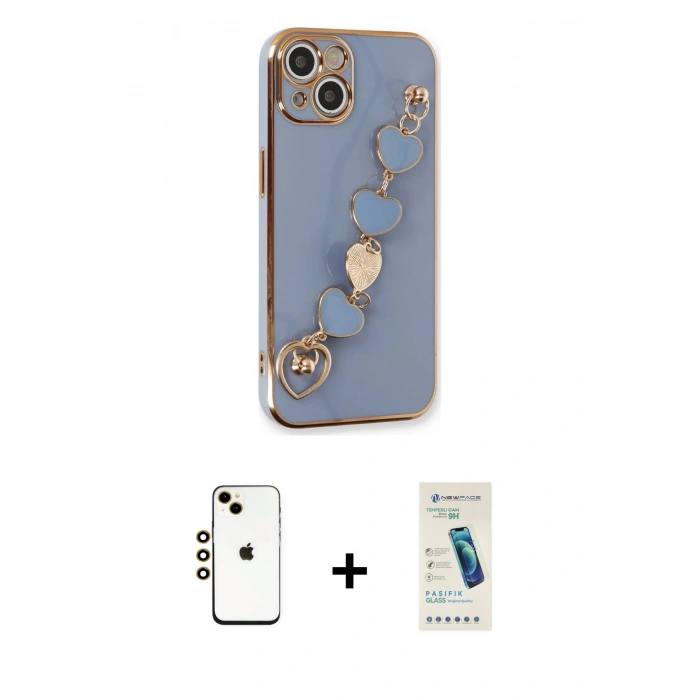 MARSİLYAN™- iPhone 14 Kılıf Nova Işık Prime - Şeffaf Pasifik Cam Ekran Koruyucu + Gold Shine Kamera Lens