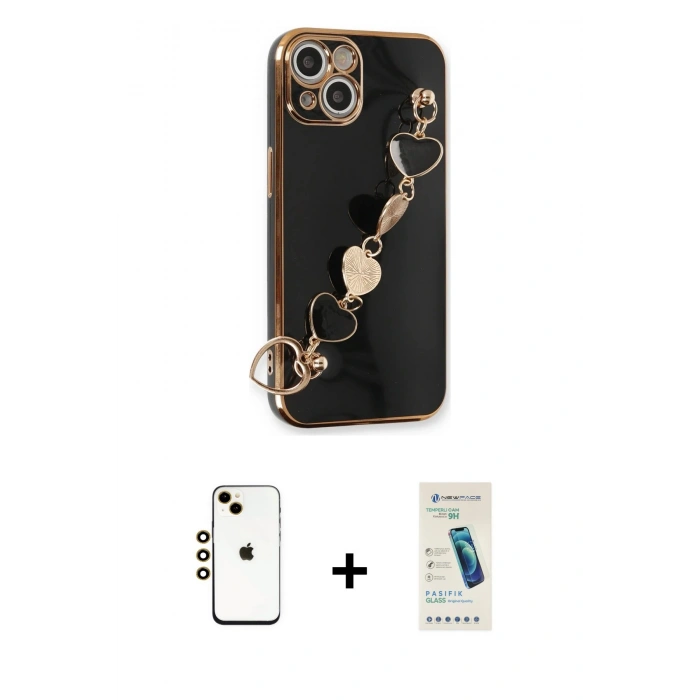 MARSİLYAN™- iPhone 14 Kılıf Nova Işık Prime - Şeffaf Pasifik Cam Ekran Koruyucu + Gold Shine Kamera Lens