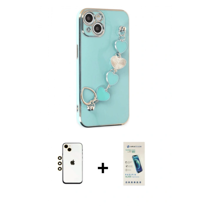 MARSİLYAN™- iPhone 14 Kılıf Nova Işık Prime - Şeffaf Pasifik Cam Ekran Koruyucu + Gold Shine Kamera Lens