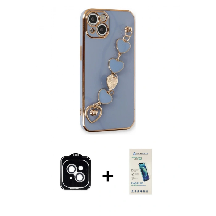 MARSİLYAN™- iPhone 14 Kılıf Nova Işık Prime - Şeffaf Pasifik Cam Ekran Koruyucu + PVD Metal Kamera Lens - GS