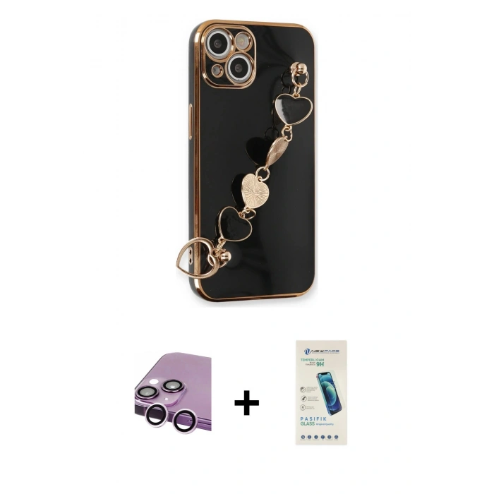MARSİLYAN™- iPhone 14 Kılıf Nova Işık Prime - Şeffaf Pasifik Cam Ekran Koruyucu + Mor Raze Metal Kamera Lens