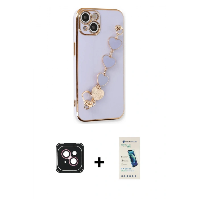 MARSİLYAN™- iPhone 14 Kılıf Nova Işık Prime - Şeffaf Pasifik Cam Ekran Koruyucu + PVD Metal Kamera Lens - PE
