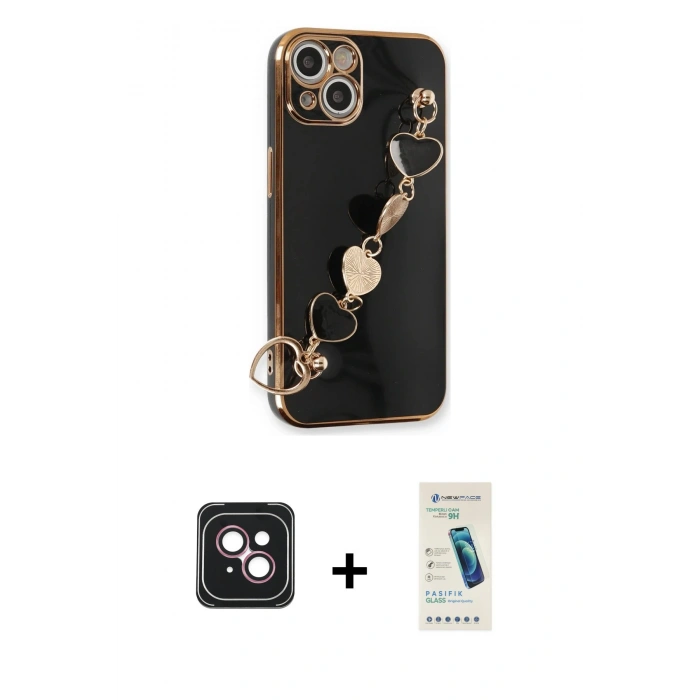 MARSİLYAN™- iPhone 14 Kılıf Nova Işık Prime - Şeffaf Pasifik Cam Ekran Koruyucu + PVD Metal Kamera Lens - PE