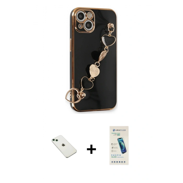 MARSİLYAN™- iPhone 14 Kılıf Nova Işık Prime - Şeffaf Pasifik Cam Ekran Koruyucu + Yeşil Diamond Kamera Lens