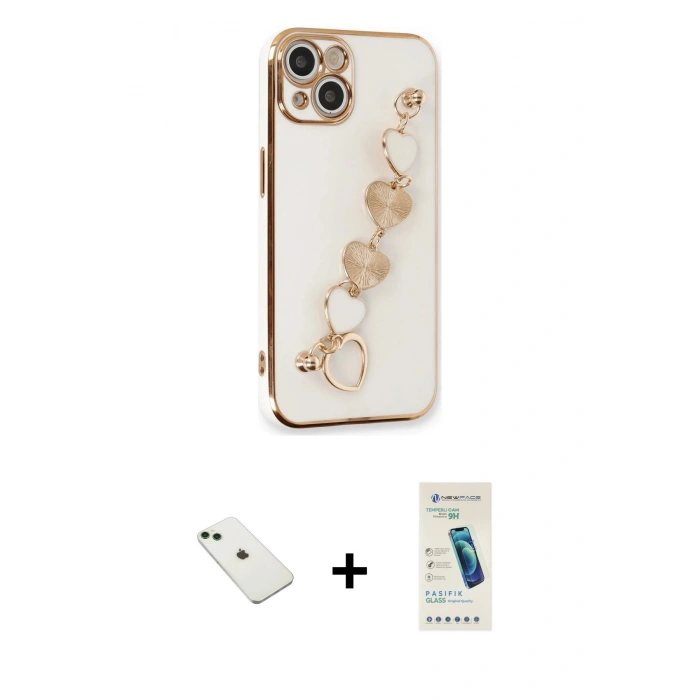 MARSİLYAN™- iPhone 14 Kılıf Nova Işık Prime - Şeffaf Pasifik Cam Ekran Koruyucu + Yeşil Diamond Kamera Lens