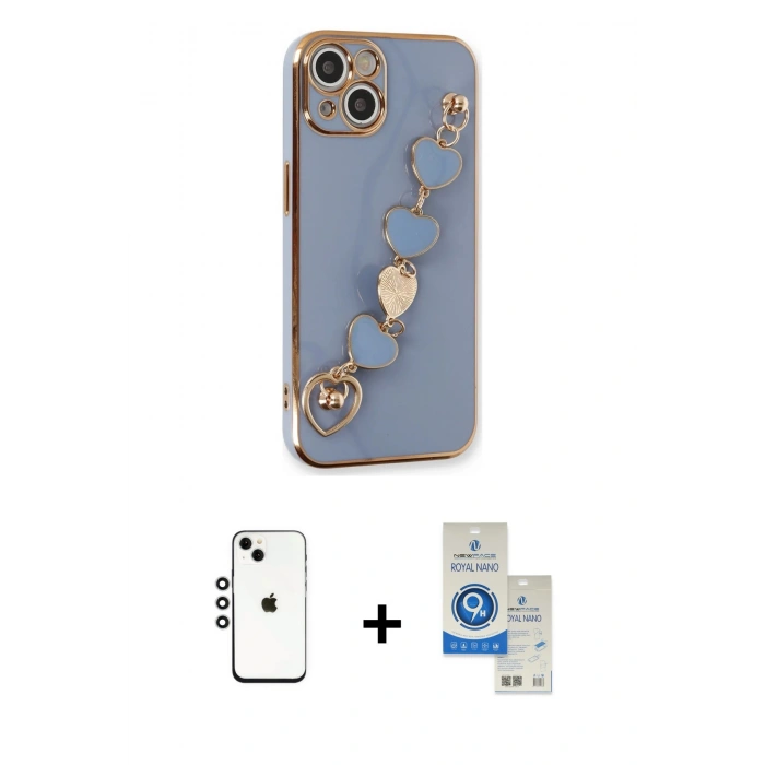 MARSİLYAN™- iPhone 14 Kılıf Nova Işık Prime - Şeffaf Royal Nano Ekran Koruyucu + Gümüş Shine Kamera Lens