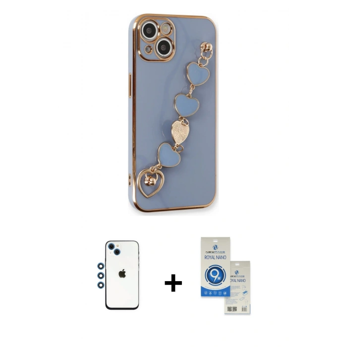 MARSİLYAN™- iPhone 14 Kılıf Nova Işık Prime - Şeffaf Royal Nano Ekran Koruyucu + Mavi Shine Kamera Lens