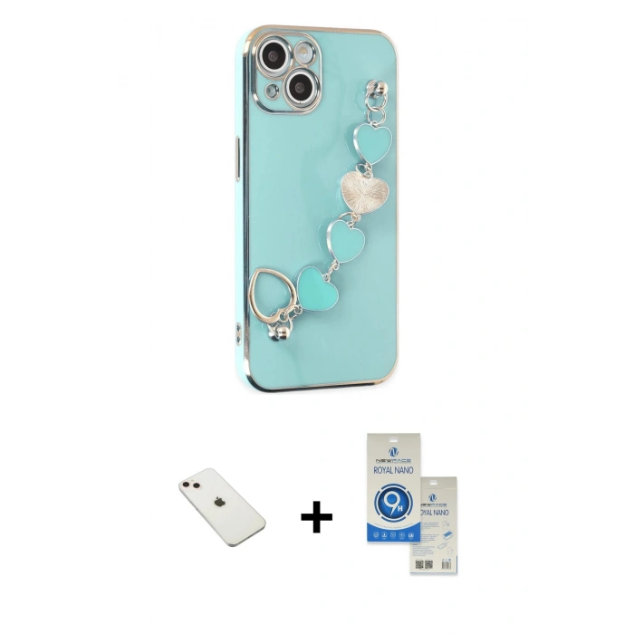 MARSİLYAN™- iPhone 14 Kılıf Nova Işık Prime - Şeffaf Royal Nano Ekran Koruyucu + Pembe Diamond Kamera Lens