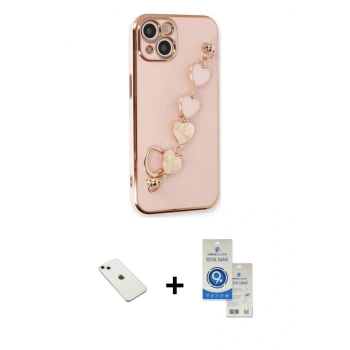 MARSİLYAN™- iPhone 14 Kılıf Nova Işık Prime - Şeffaf Royal Nano Ekran Koruyucu + Pembe Diamond Kamera Lens
