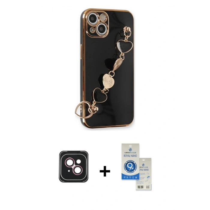 MARSİLYAN™- iPhone 14 Kılıf Nova Işık Prime - Şeffaf Royal Nano Ekran Koruyucu + PVD Metal Kamera Lens - PE