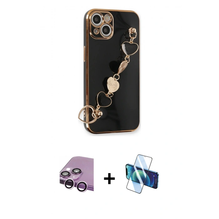 MARSİLYAN™- iPhone 14 Kılıf Nova Işık Prime - Siyah 3D Antistatik Cam Ekran Koruyucu + Raze Metal Kamera Lens - MR