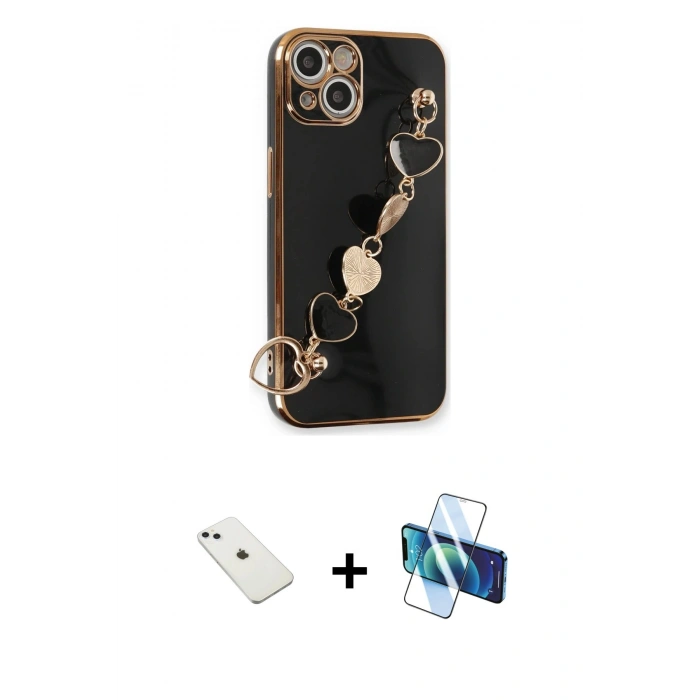 MARSİLYAN™- iPhone 14 Kılıf Nova Işık Prime - Siyah 3D Antistatik Cam Ekran Koruyucu + Diamond Kamera Lens - SABE