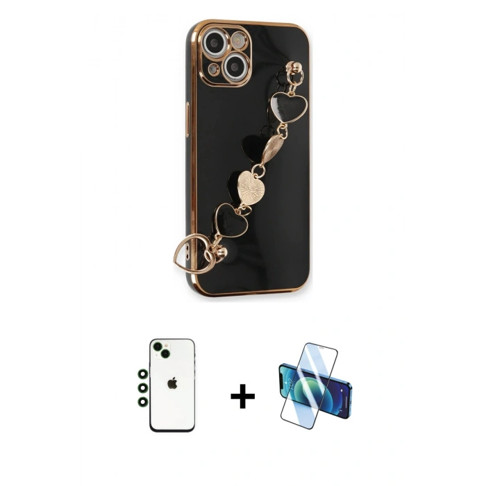 MARSİLYAN™- iPhone 14 Kılıf Nova Işık Prime - Siyah 3D Antistatik Cam Ekran Koruyucu + Shine Kamera Lens - YL