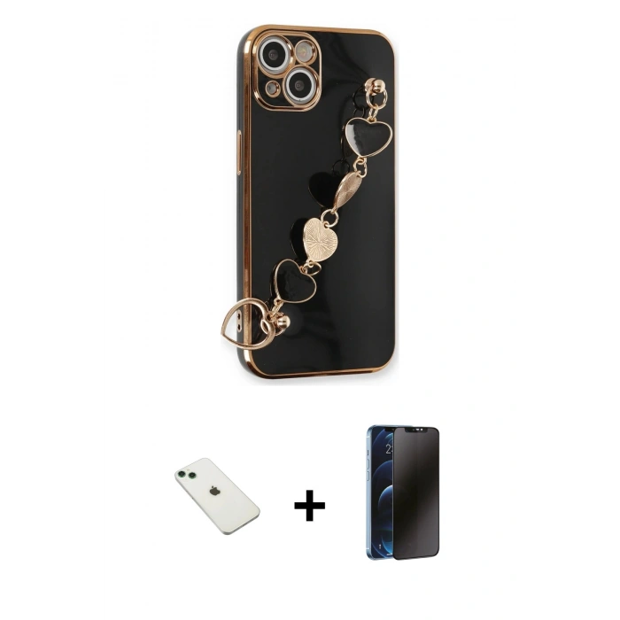 MARSİLYAN™- iPhone 14 Kılıf Nova Işık Prime - Siyah 3D Antistatik Hayalet Cam Ekran Koruyucu + Diamond Kamera Lens - YL