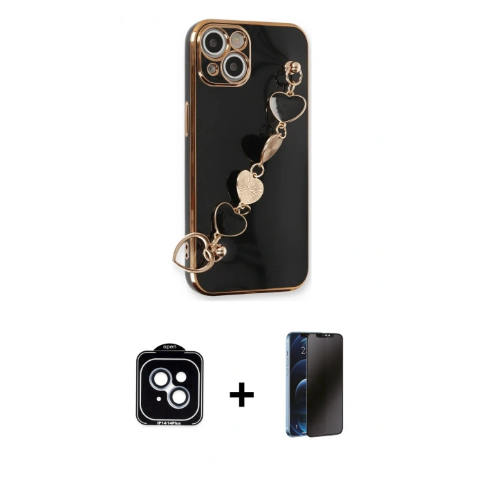 MARSİLYAN™- iPhone 14 Kılıf Nova Işık Prime - Siyah 3D Antistatik Hayalet Cam Ekran Koruyucu + PVD Metal Kamera Lens - MI