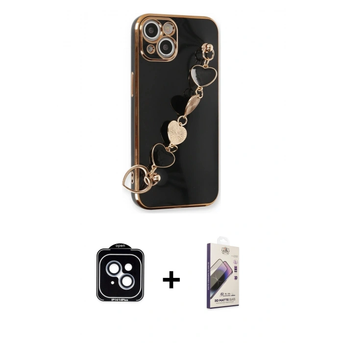 MARSİLYAN™- iPhone 14 Kılıf Nova Işık Prime - Siyah Bilvis 3D Mat Cam Ekran Koruyucu + PVD Metal Kamera Lens - MI