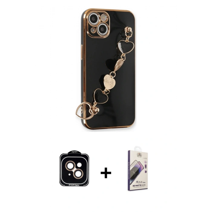MARSİLYAN™- iPhone 14 Kılıf Nova Işık Prime - Siyah Bilvis 3D Mat Cam Ekran Koruyucu + PVD Metal Kamera Lens - TU