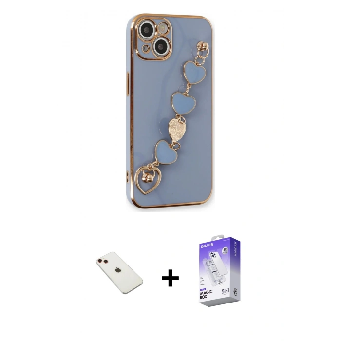 MARSİLYAN™- iPhone 14 Kılıf Nova Işık Prime - Siyah Bilvis 5in1 3D Magic Cam Ekran Koruyucu + Diamond Kamera Lens - KI