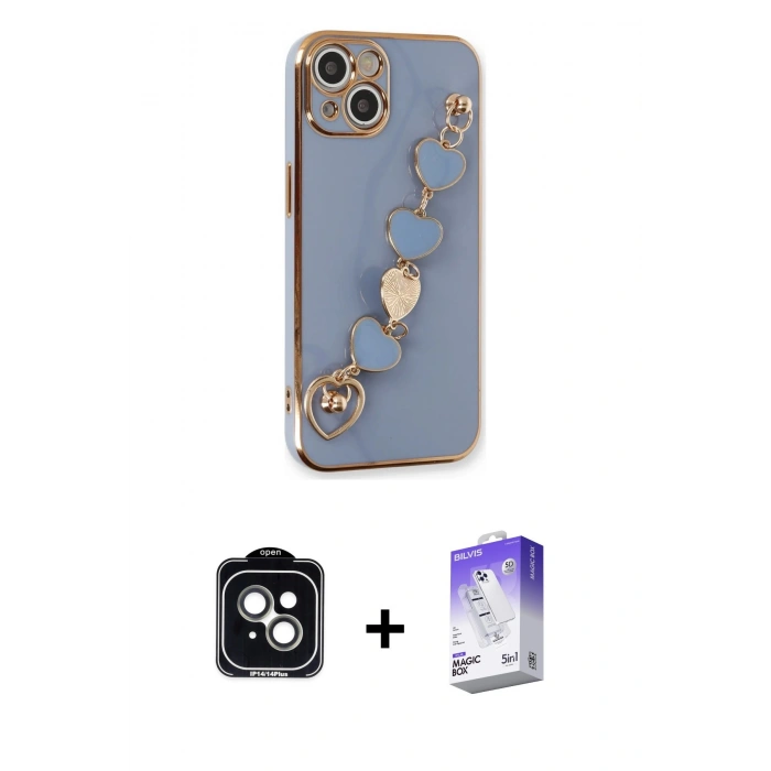 MARSİLYAN™- iPhone 14 Kılıf Nova Işık Prime - Siyah Bilvis 5in1 3D Magic Cam Ekran Koruyucu + PVD Metal Kamera Lens - YL