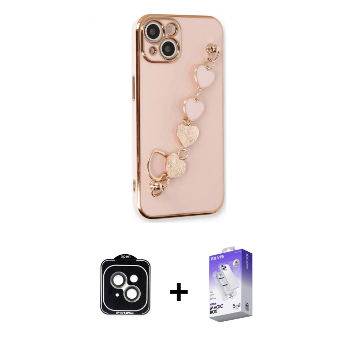 MARSİLYAN™- iPhone 14 Kılıf Nova Işık Prime - Siyah Bilvis 5in1 3D Magic Cam Ekran Koruyucu + PVD Metal Kamera Lens - YL