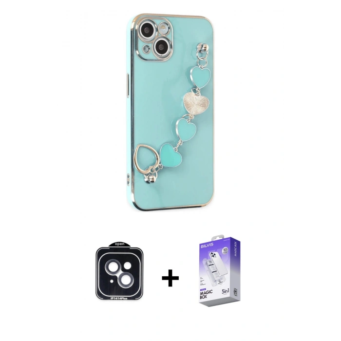 MARSİLYAN™- iPhone 14 Kılıf Nova Işık Prime - Siyah Bilvis 5in1 3D Magic Cam Ekran Koruyucu + PVD Metal Kamera Lens - SH