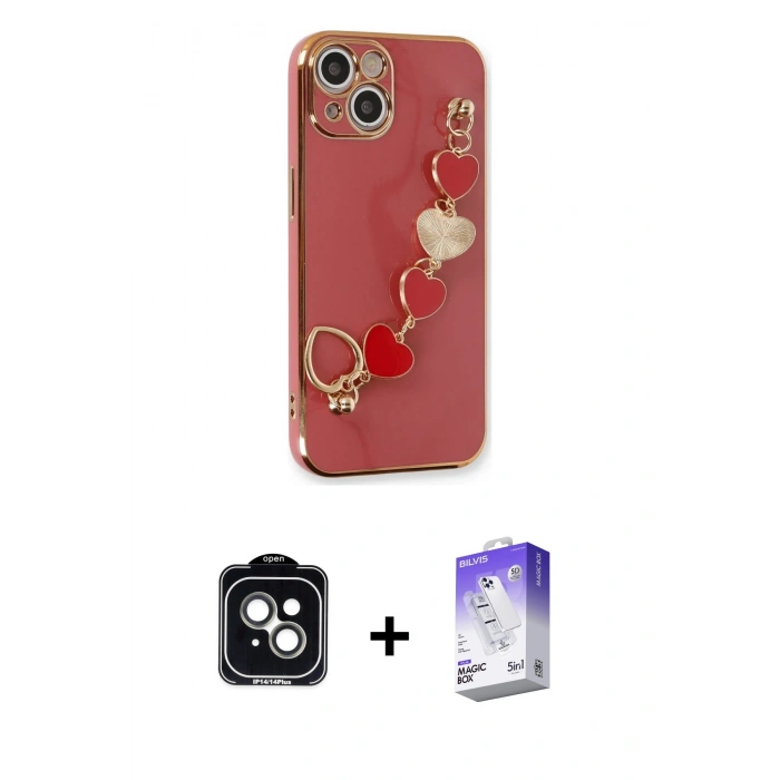 MARSİLYAN™- iPhone 14 Kılıf Nova Işık Prime - Siyah Bilvis 5in1 3D Magic Cam Ekran Koruyucu + PVD Metal Kamera Lens - YL
